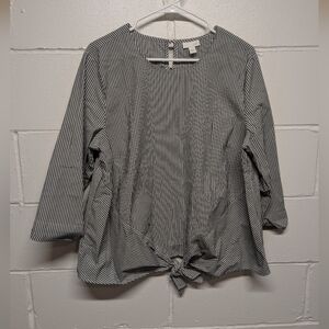 J Jill Striped Gray White 3/4 Cuff Sleeve Tie Waist Women's Delft Top Blouse XL